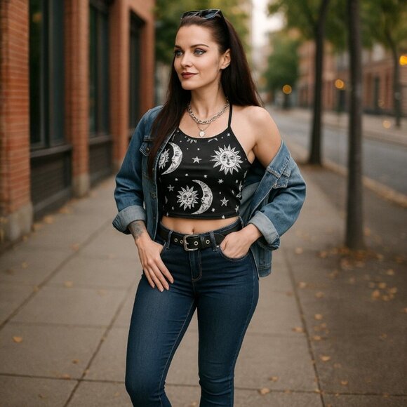 A Gothic Universe Halter Crop Top W/ Sun & Moon Celestial Print – Black White - Picture 2 of 8